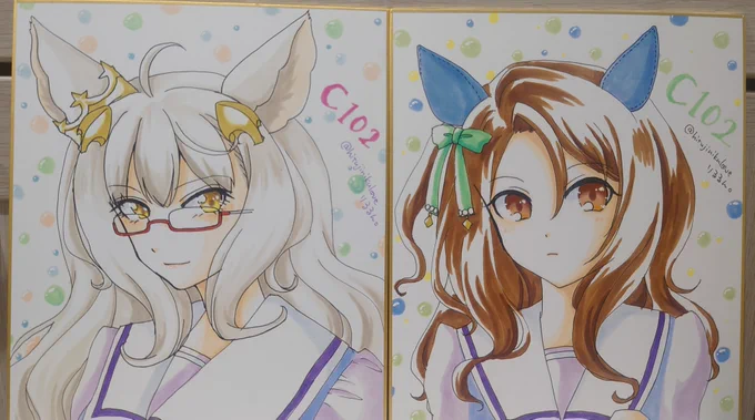 何故か売り子が描いた色紙が頒布されます、ハヤヒデとキングです。1枚2000円。 うっかり頒布された場合は魚類の新幹線代になります。