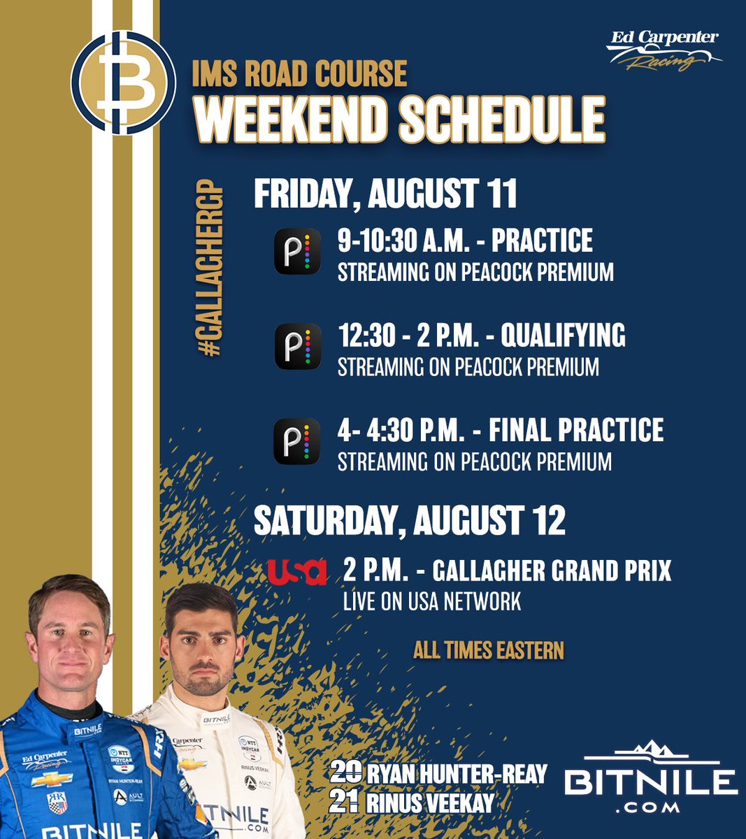 [Weekend Schedule] - Back Home Again at @IMS! An absolutely action-packed two days will culminate with our second race of the year on our hometown road course! #GallagherGP #INDYCAR #BitnileWorld #Bitnile #BitnileRacing