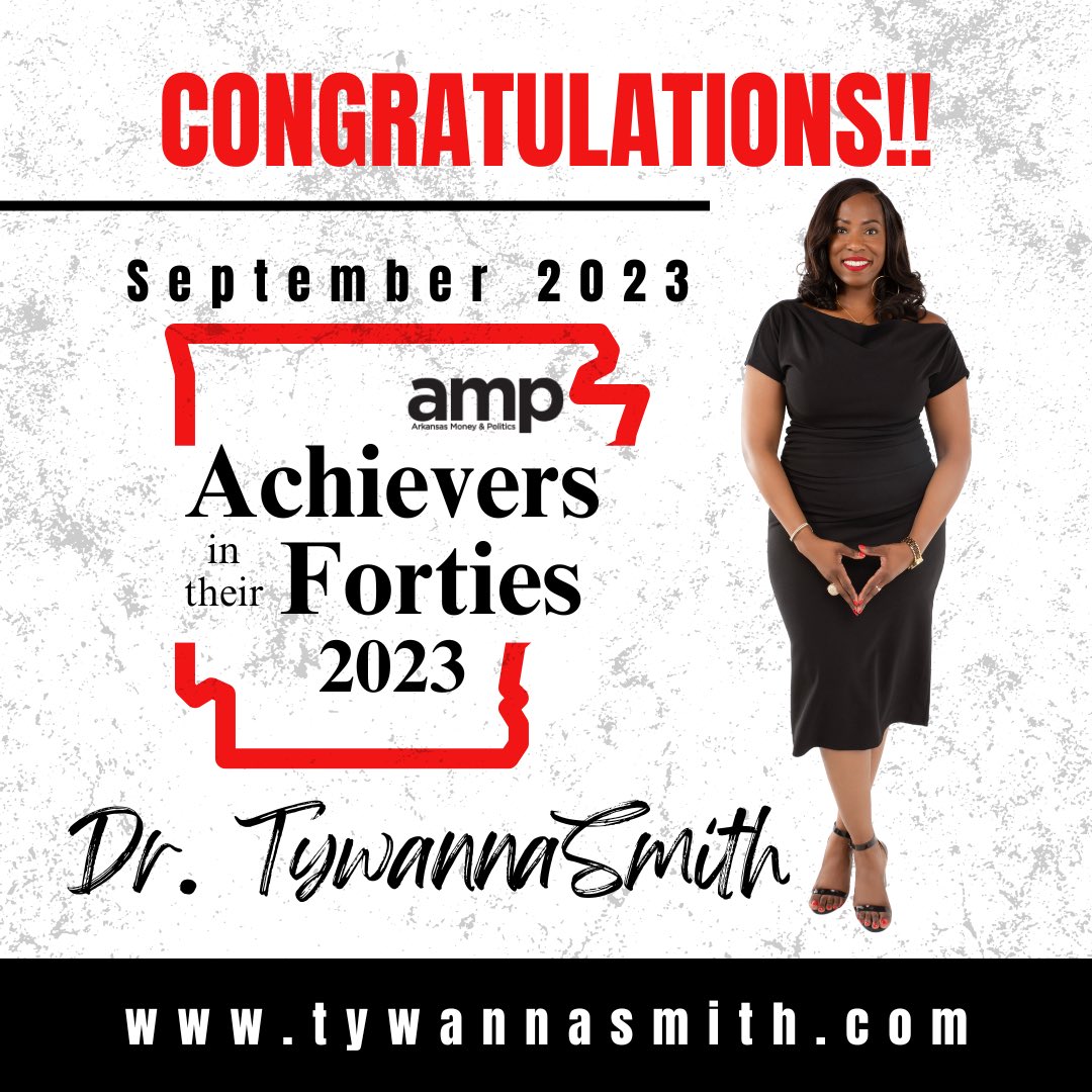 DrTywannaSmith's tweet image. Happy Fri-Yay! Grateful to be selected to the @amppob “Achievers in their 40s” list!🙏🏽🎊

This state-wide recognition is designed to showcase one’s achievements &amp;amp; expertise while inspiring the next generation of leaders. Thanks for this honor! ✨❤️

#Achiever #Arkansas #40 #DrT