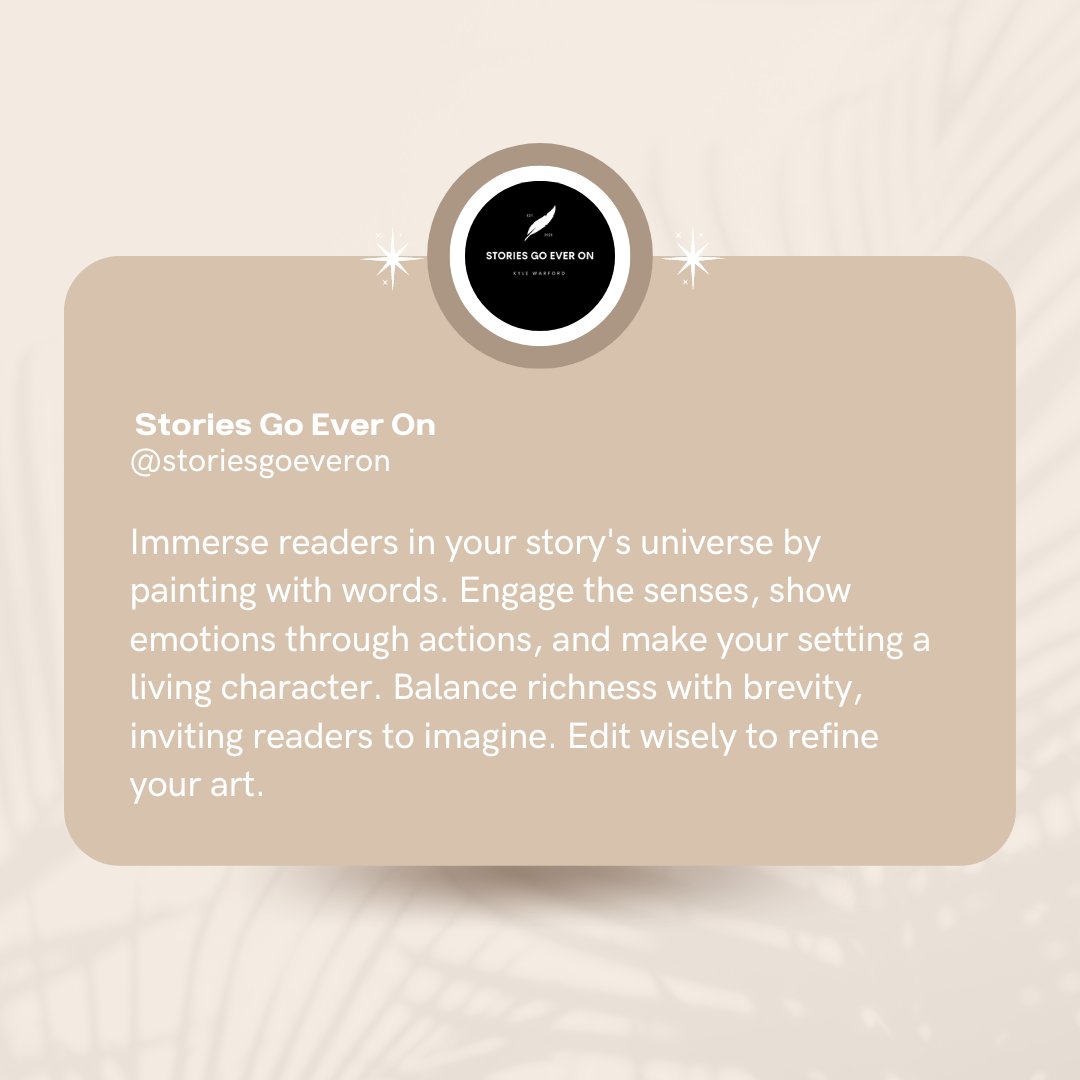 Master descriptive details

Craft immersive worlds through vivid descriptions. engage senses, paint emotions, and make settings live. Use specifics, balance, and metaphors. let readers imagine.

#writingtips #vividdescriptions #craftyourstory #writingcommunity #showdonttell