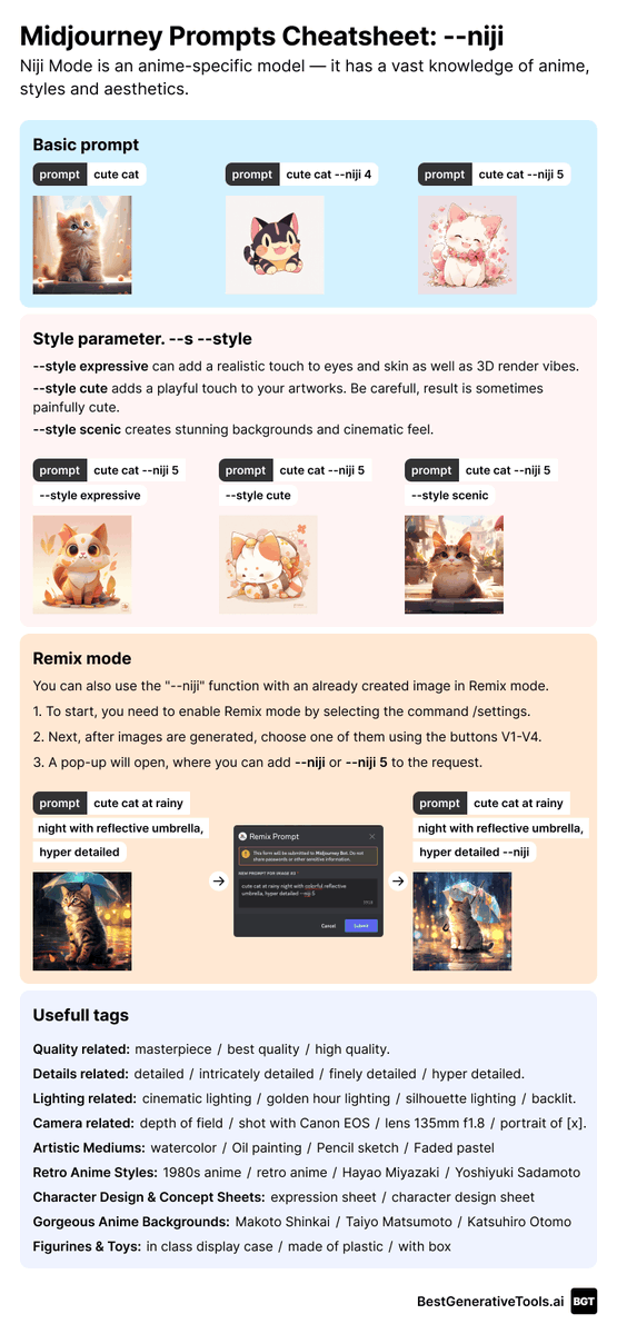 BestGenToolsAI's tweet photo. Midjourney prompts cheatsheet: --niji
#midjourney #AI #aitools #GenerativeAI #BestGenTools https://t.co/hds5nAXIGb