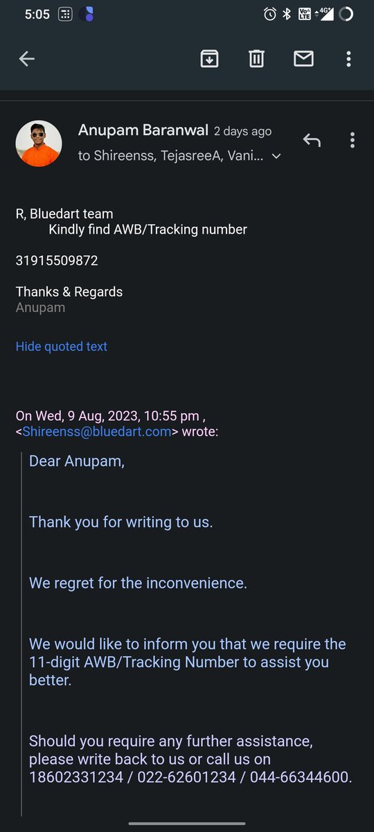 baranwal_anupam's tweet photo. @BlueDartCares @BlueDart_ Two days gone and no response from your team , are you serious about your customer concerned? @BlueDartCares @BlueDart_ https://t.co/8d2nBlNkHo