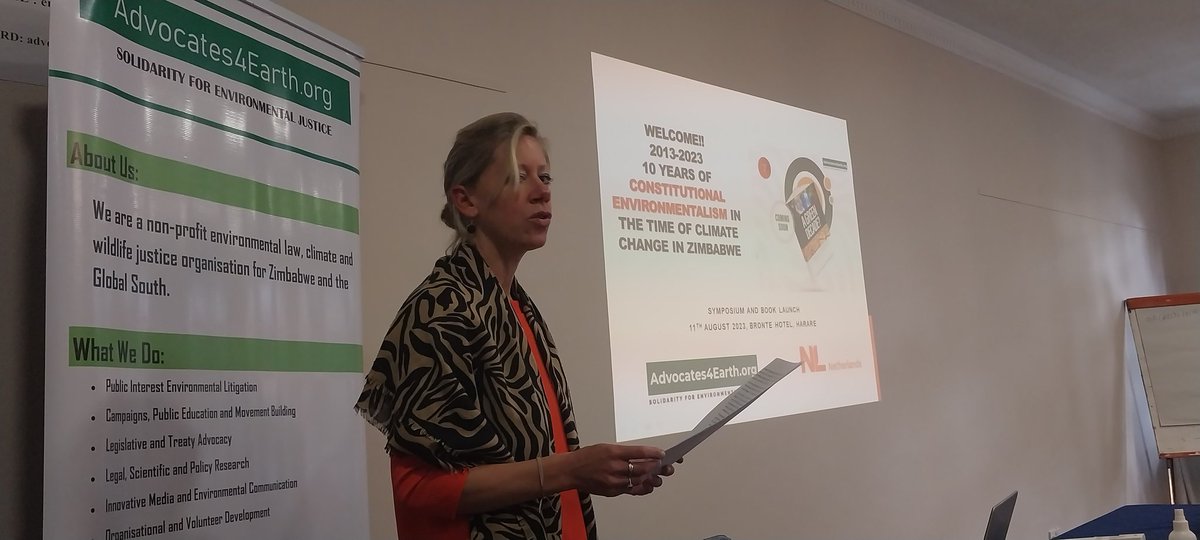 Advocates4Earth's tweet photo. The Deputy Ambassador of @NLinZimbabwe Embassy, Ms. Eva van Woersem today officially launched the @Advocates4Earth publication #AGreenDecade that focuses on ten years of Constitutional environmental rights in Zimbabwe at the Bronte Hotel in Harare https://t.co/tixUCQr72W