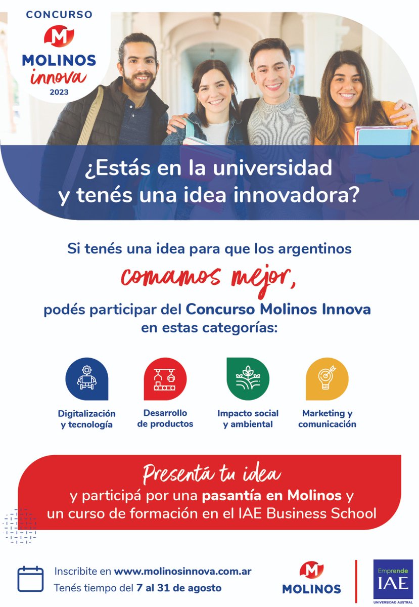metaredxarg's tweet photo. ¿Tenés una idea para que los argentinos comamos mejor? Entonces participa del Concurso Molinos Innova 🙌

Tenés tiempo desde el 7 de agosto hasta el 31 de agosto 🗓📌 https://t.co/gEYmajIo7f