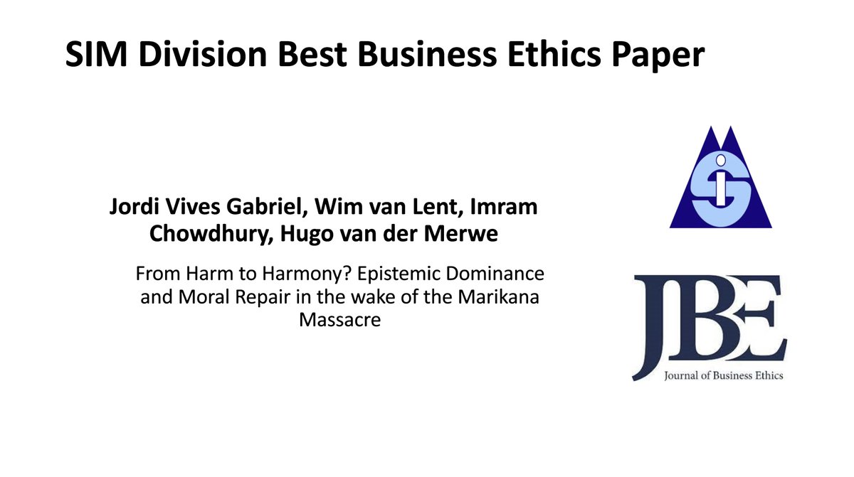 Congratulations to @Jordi_vives, Wim van Lent, Imram Chowdhury, and @HvdMerwe1 for winning the SIM Division Best Business Ethics Paper​! #AOM2023 #AOMSIM @JBusinessEthics journals.aom.org/doi/10.5465/AM…