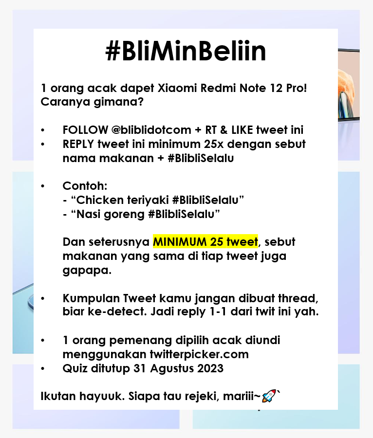 Mau #BliMinBeliin Xiaomi Redmi Note 12 Pro ✨𝒈𝒓𝒂𝒕𝒊𝒔✨?

Cuus cek gambar untuk caranya, semoga kamu hoki yaaa!  🔥

#BlibliSelalu 🥘🍲🍜🍳