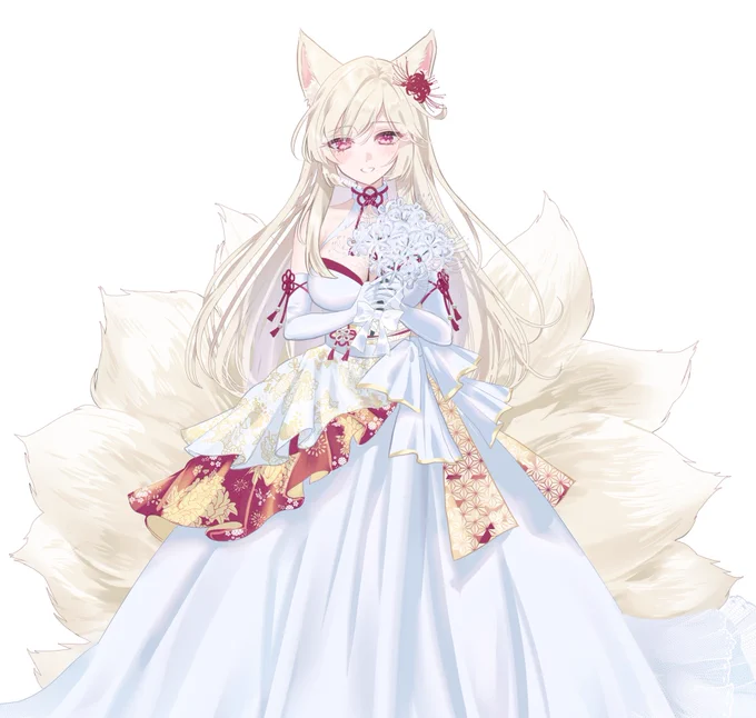 skebリクエストより、ウエディングドレス姿のヒガンバナちゃんを描かせて頂きました!  白い彼岸花の花言葉は『想うはあなたひとり』 #花騎士 #フラワーナイトガールイラスト