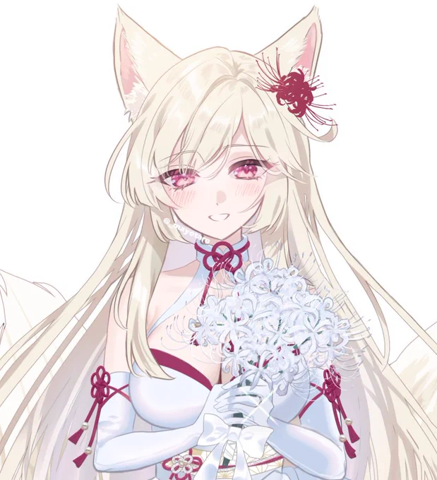 skebリクエストより、ウエディングドレス姿のヒガンバナちゃんを描かせて頂きました!  白い彼岸花の花言葉は『想うはあなたひとり』 #花騎士 #フラワーナイトガールイラスト
