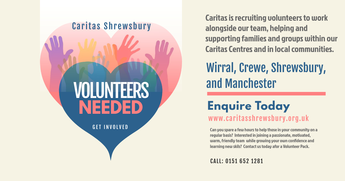 #CaritasShrewsbury is looking for volunteers! Would you like to make a difference in your #community? Help support a great team and visit our website today! caritasshrewsbury.org.uk/get-involved/v…