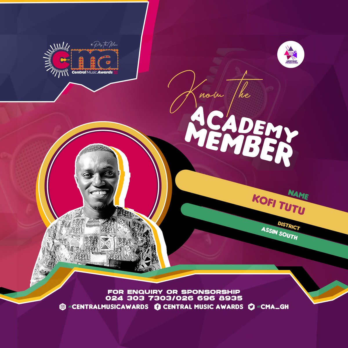CMA_Gh's tweet photo. Our Academy Representative for ASSIN SOUTH for the 12th Central Music Awards is @KofiTutu_ , an outstanding reporter, blogger and tourism enthusiast. 

NB: Entries for nomination open on Monday, 28th August 2023. 

The @CMA_Gh is powered by @heritagepromogh

#CMA23 #PlayTheMusic https://t.co/yG2iyAfFz6