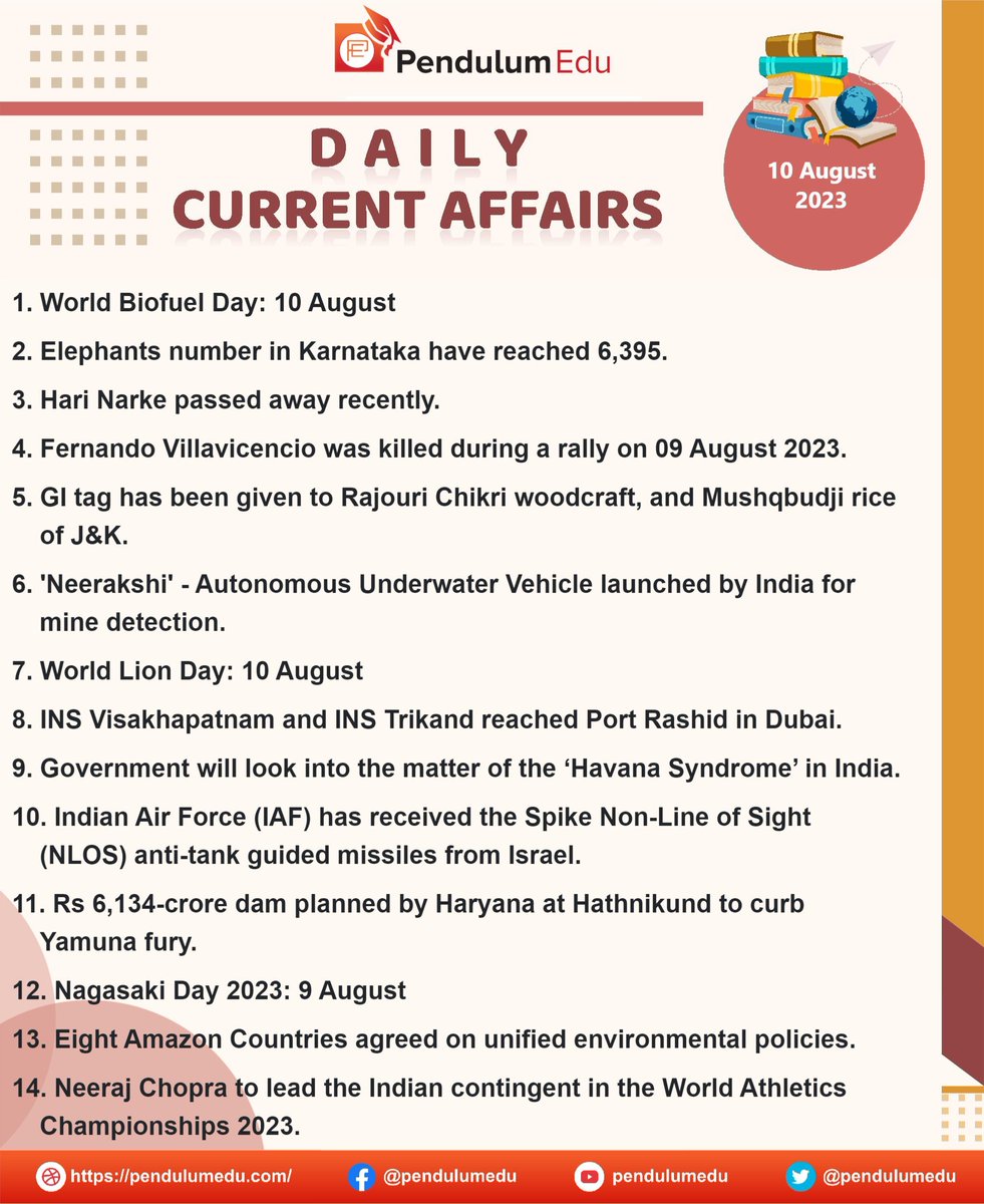 BORN4WIN's tweet photo. 🌹Current Affairs🌹
Here 👇👇 is the important Current Affairs of 10th August, 2023.
#UPSC #TSPSC #APPSC #KPSC
#RPSC #HPSC #ACPSC #TNPSC
#CurrentAffairs #August #GS
(Data courtesy: #PendulumEdu) https://t.co/U8wYe1TyN0