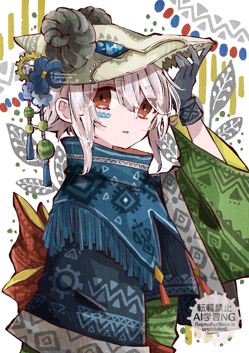 red eyes hat gloves androgynous white hair solo flower  illustration images