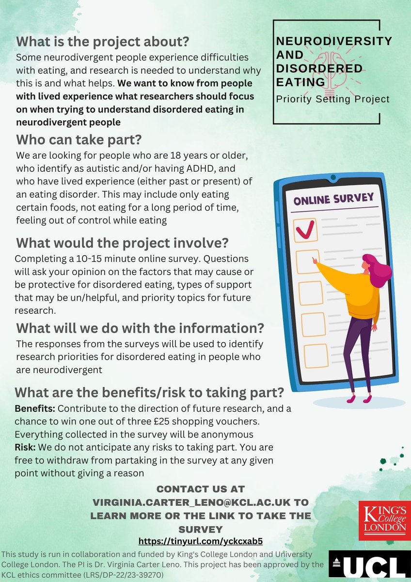 Help us shape the future research agenda !🚨 We are looking for people to give us their views on where research into disordered eating in autistic people and/or people with ADHD should focus 🎯 tinyurl.com/yckcxab5 1/3