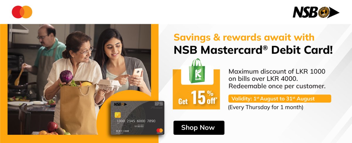 NSBSLOfficial's tweet photo. Enjoy 15% off @ Keells with NSB MasterCard Debit Cards

Offer is valid from 1st August to 31st August 2023

Further details - https://t.co/VVPj6RxlYX 
#NSB #MASTERCARD #debitcardoffers #Keells https://t.co/WdspgV9c87
