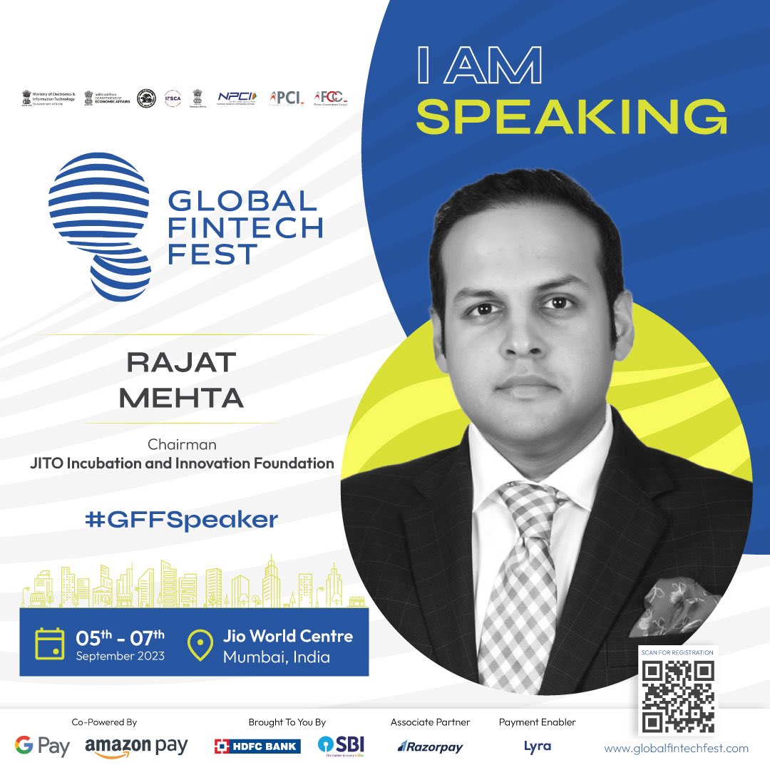 TheRajatMehta's tweet photo. Embark on a Fintech Frontier with me at Global Fintech Fest 2023 and witness the Future of Finance Unfold LIVE. @gff_2023 
 
Date: September 5th - 7th, 2023
Location: Mumbai's Jio World Convention Centre
Learn more: https://t.co/NfMWomXEtq https://t.co/t0oeOxcuHK