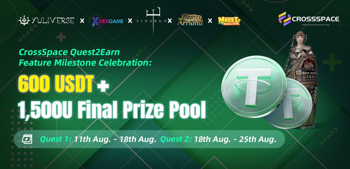 🎉 <a href="/CSpaceOfficial/">CrossSpace Official ⚛️</a> Quest2Earn Feature Milestone Celebration!

🔥To celebrate, we are proud to launch a Crescent 🇹🇷 Meets Dragon 🇭🇰MEGA COLLAB with!!
<a href="/TheYuliverse/">Yuliverse</a>, <a href="/DexGame_io/">DEXGame</a>, <a href="/PlayEldarune/">The Mouth of ELDA</a>, <a href="/ArrlandNFT/">Pirates of the Arrland</a>, <a href="/MEEETOfficial/">MEEET</a>

🎁⚠️ 600 $USDT &amp; 1,500U-worth Final Prize Giveaway! Quest 1