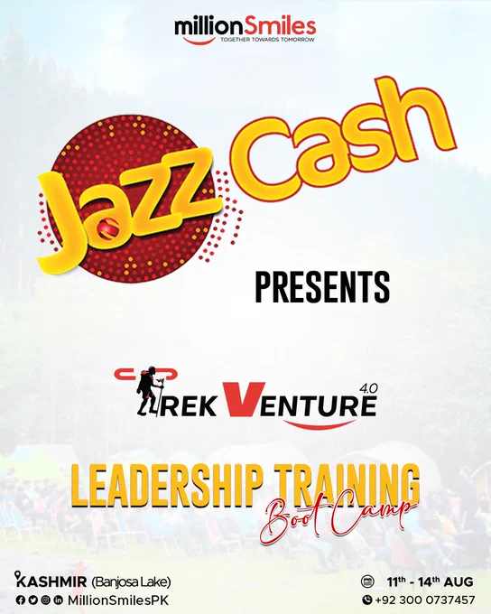 midlebenchar's tweet photo. Announcing the grand event: JAZZCASH PRESENTS Pakistan's Largest Youth Leadership Bootcamp - Trek Venture 4.0.

Heartfelt appreciation to @JazzCash for collaborating with Million Smiles to promote youth leadership. #OpeningCeremony_TrekVenture4 https://t.co/pZflt1GvjH