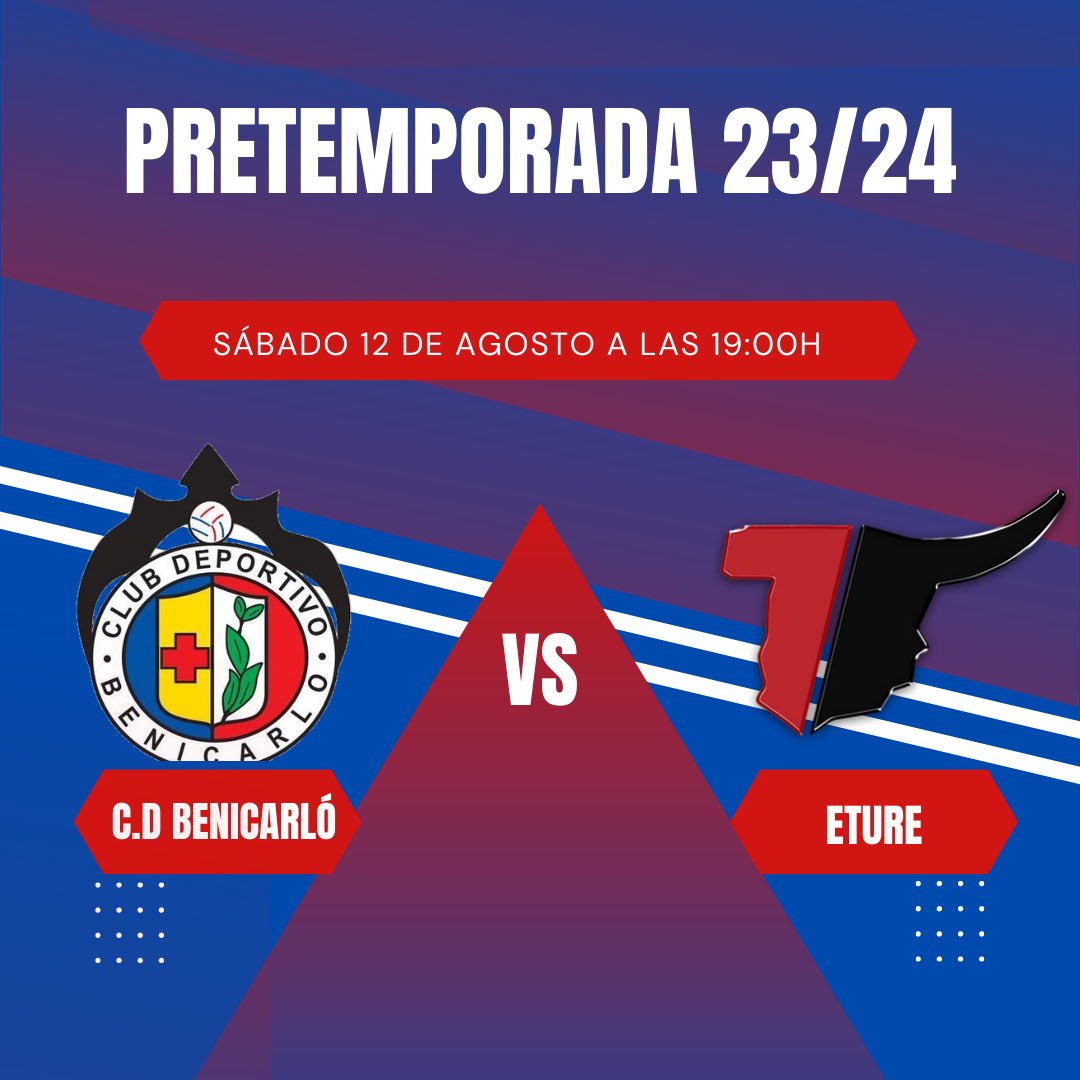 CDBenicarlo's tweet photo. 🔴 TERCER PARTIDO DE PRETEMPORADA 🔵

CD BENICARLÓ 🆚 ETURE @eturesports 

📅 SÁBADO 12 DE AGOSTO

⏰ 19:00 h 

🏟 PICHI ALONSO

A per totes 💪🏼❤️‍🔥

#avantbenicarló https://t.co/fZeCTnPxnL