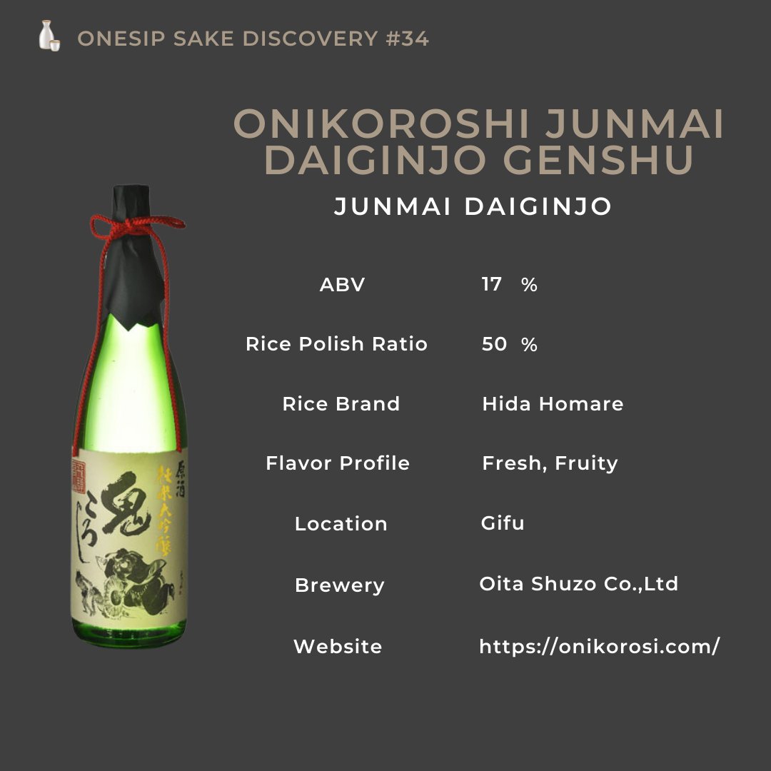 OnesipSake's tweet photo. OneSip Sake Discovery #34
Onikoroshi Junmai Daiginjo Genshu
ABV: 17%
Rice Polish Ratio: 50%
Rice Brand: Hida Homare
Flavor: Fresh Fruity
Brewery: Oita Shuzo Co.,Ltd

#sake
#japanesesake
#onikoroshi
#oitashuzo
#onesipsake
#日本酒
#清酒
#일본술
#老田酒造
#鬼殺し
#鬼ころし https://t.co/lxTo92KF1D