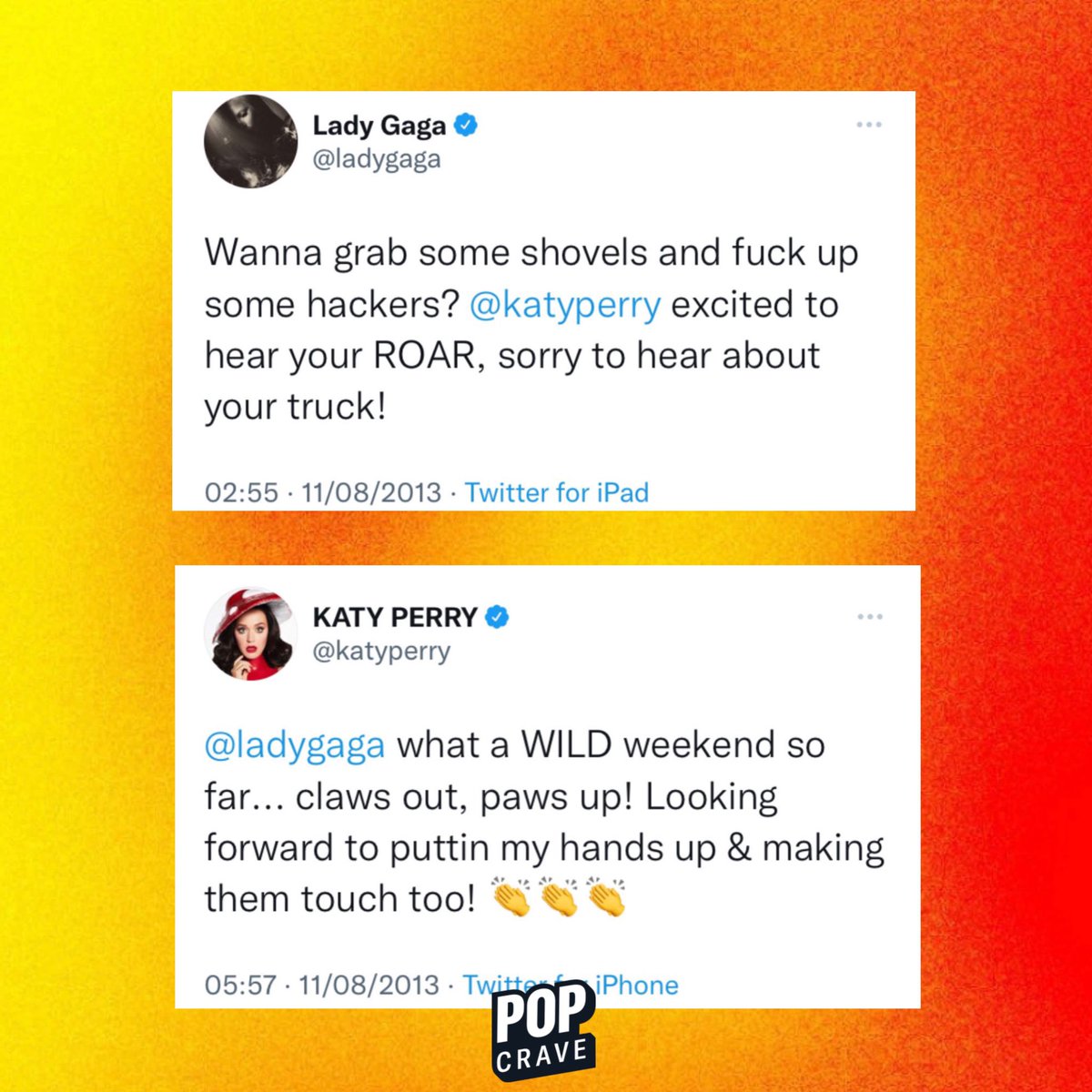 PopCrave's tweet photo. 10 years ago this week, Katy Perry and Lady Gaga created a pop culture moment with the release of their singles “Roar” and “Applause.” It even inspired an entire episode of ‘Glee’ titled ‘A Katy Or A Gaga.’

Despite the comparisons, the stars showed love to each other on Twitter. https://t.co/o7e6SC4yTe