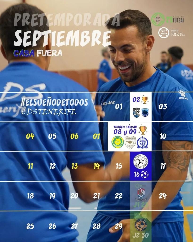 CDSalesianosCDS's tweet photo. 🗓 CALENDARIO DE PRETEMPORADA
⚽️ 18/08 Juv @CDSalesianosCDS 🏠
⚽️ 25/08 @CFSCostaSur 🚙
🏆 02/09 Torneo Virgen del Socorro @cfschinguaro #GomeraFS 🚙
🏆 09-10/09 Torneo @GaldarFS @VsbArsenal @AguimesFS 🚢
🙋♂️ 16/09 Presentación vs @lasallesi 🏠
👉 @fiftenerife @futsalrfef https://t.co/p18DWUW3mz