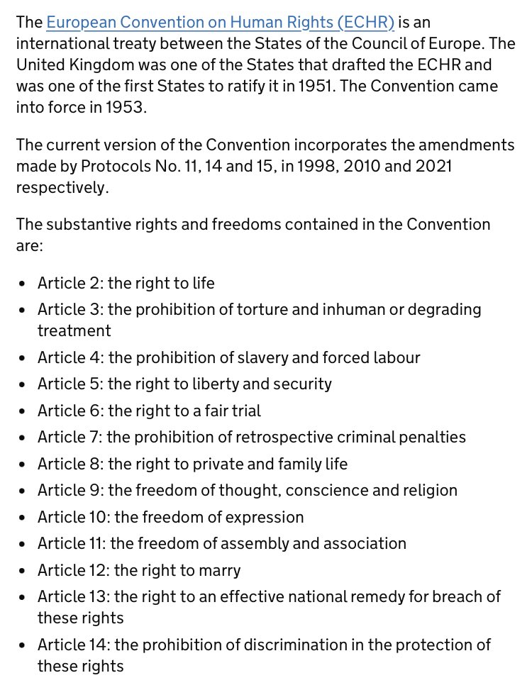 If the UK leaves the ECHR, then *people in the UK* lose all the protections listed below.

(Nobody else does, because no other country is leaving!)

It would be a massive act of self-harm, and a huge victory for a government bent on repression and fear.
gov.uk/government/col…