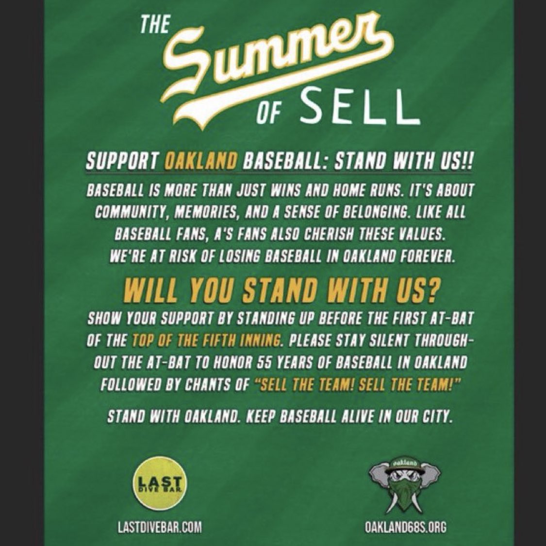 LONTDC1's tweet photo. Nationals start a series w/ the Oakland A’s tonight

A’s fans have worked incredibly hard all season to make their voices heard to keep their team in Oakland 🏟️

This weekend - at the Top of the 5th pls join us in a “SELL THE TEAM” chant! 🗣️🗣️

#Athletics #SellTheTeam #NATITUDE https://t.co/fsRY28Qxuy