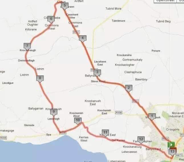 Tralee Half - Marathon Route (29th Oct) 
> Start - Outside Clifford's Cash &amp; Carry (Basin Rd, Tralee)
> Ardfert - Spa - Kerries - Tralee.
> Finish - Neil Armstrong Way (Tralee Town Park).