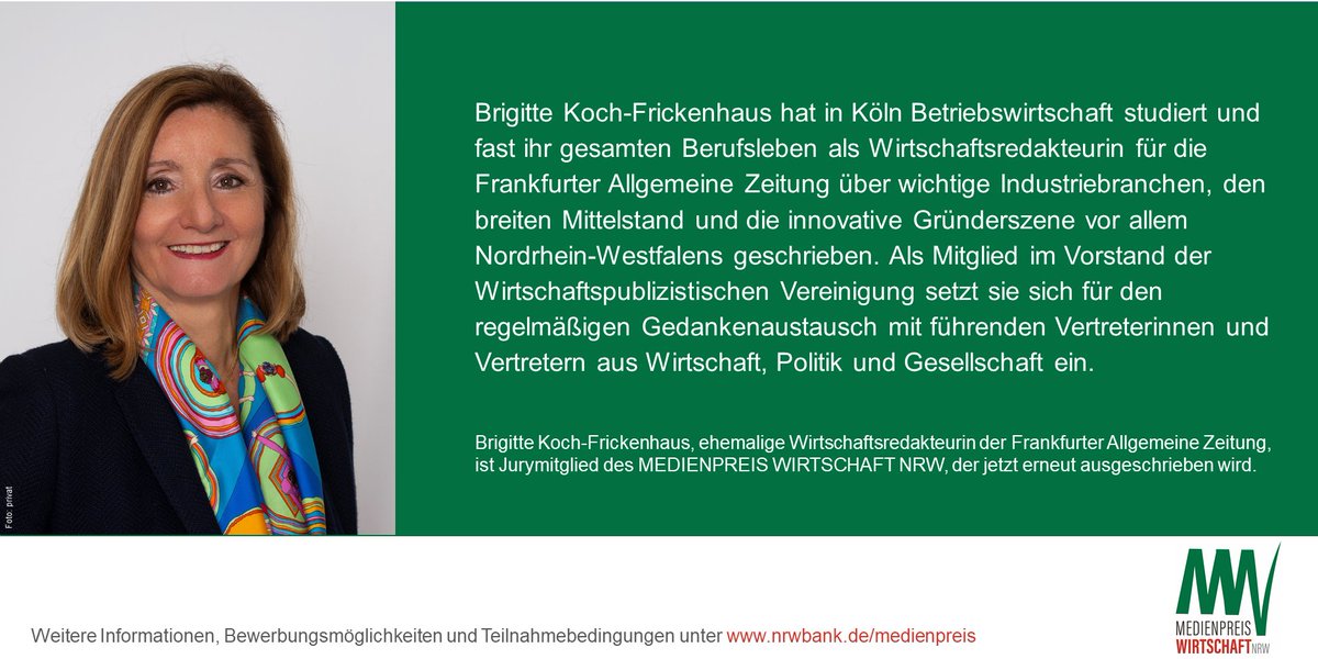 Medienpreis-Wirtschaft-NRW (@medienpreisnrw) on Twitter photo Brigitte Koch-Frickenhaus ist zum dritten Mal beim #MedienpreisWirtschaftNRW als Jurymitglied dabei. Die ehemalige <a href="/FAZ_NET/">Frankfurter Allgemeine gesamt</a> Wirtschaftsredakteurin, ist Vorstandsmitglied bei der <a href="/WPVNRW/">Wirtschaftspublizistische Vereinigung NRW e. V.</a>. Reichen Sie jetzt Ihren Beitrag bis zum 13. September ein. 👉 nrwbank.de/de/die-nrw-ban… Brigitte Koch-Frickenhaus ist zum dritten Mal beim #MedienpreisWirtschaftNRW als Jurymitglied dabei. Die ehemalige <a href="/FAZ_NET/">Frankfurter Allgemeine gesamt</a> Wirtschaftsredakteurin, ist Vorstandsmitglied bei der <a href="/WPVNRW/">Wirtschaftspublizistische Vereinigung NRW e. V.</a>. Reichen Sie jetzt Ihren Beitrag bis zum 13. September ein. 👉 nrwbank.de/de/die-nrw-ban…