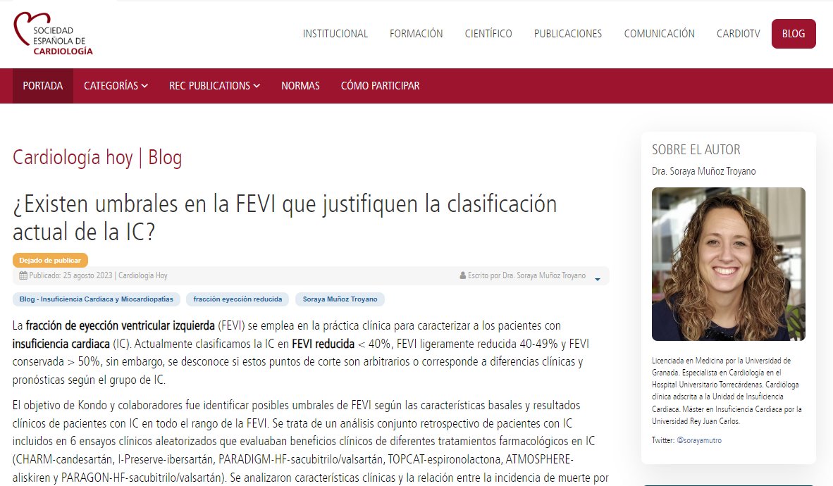 secardiologia's tweet photo. "Los pacientes con IC-FEVI alrededor del 40% al 50% tienen características clínicas diferentes y un aumento de la tasa de eventos en comparación con aquellos pacientes con valores más altos de FEVI", indica @Sorayamutro. #BlogSEC @JovenesSec https://t.co/CRlMHOy6Ns https://t.co/AItiWRJvCx