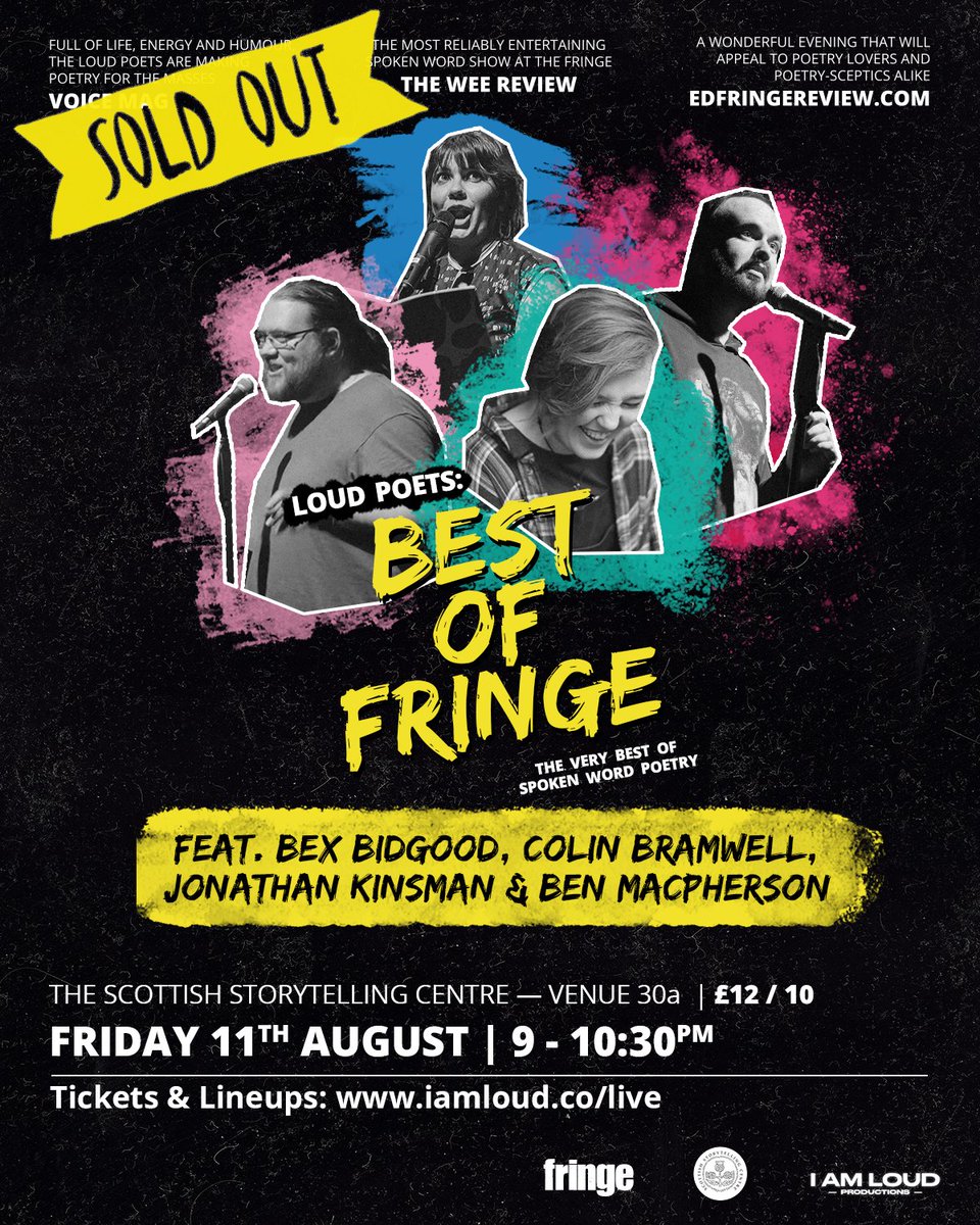 IAmLoudPro's tweet image. Tonight's show at the @ScotStoryCentre is SOLD OUT!

We can't wait to welcome you all for an awesome evening of spoken word poetry. 

If you have tickets you no longer need, please email reception at the Scottish Storytelling Centre. See you tonight! #LoudPoets #EdFringe