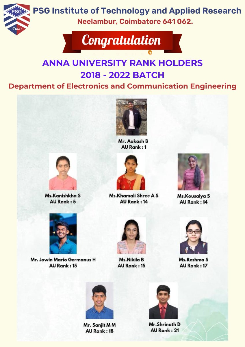 psgitarofficial's tweet photo. Congratulations to Anna University Rank Holders of 2018-22 Batch.
#PSGiTech #PSG #psgcolleges #PSGInstitutions https://t.co/I98VOFIcAX