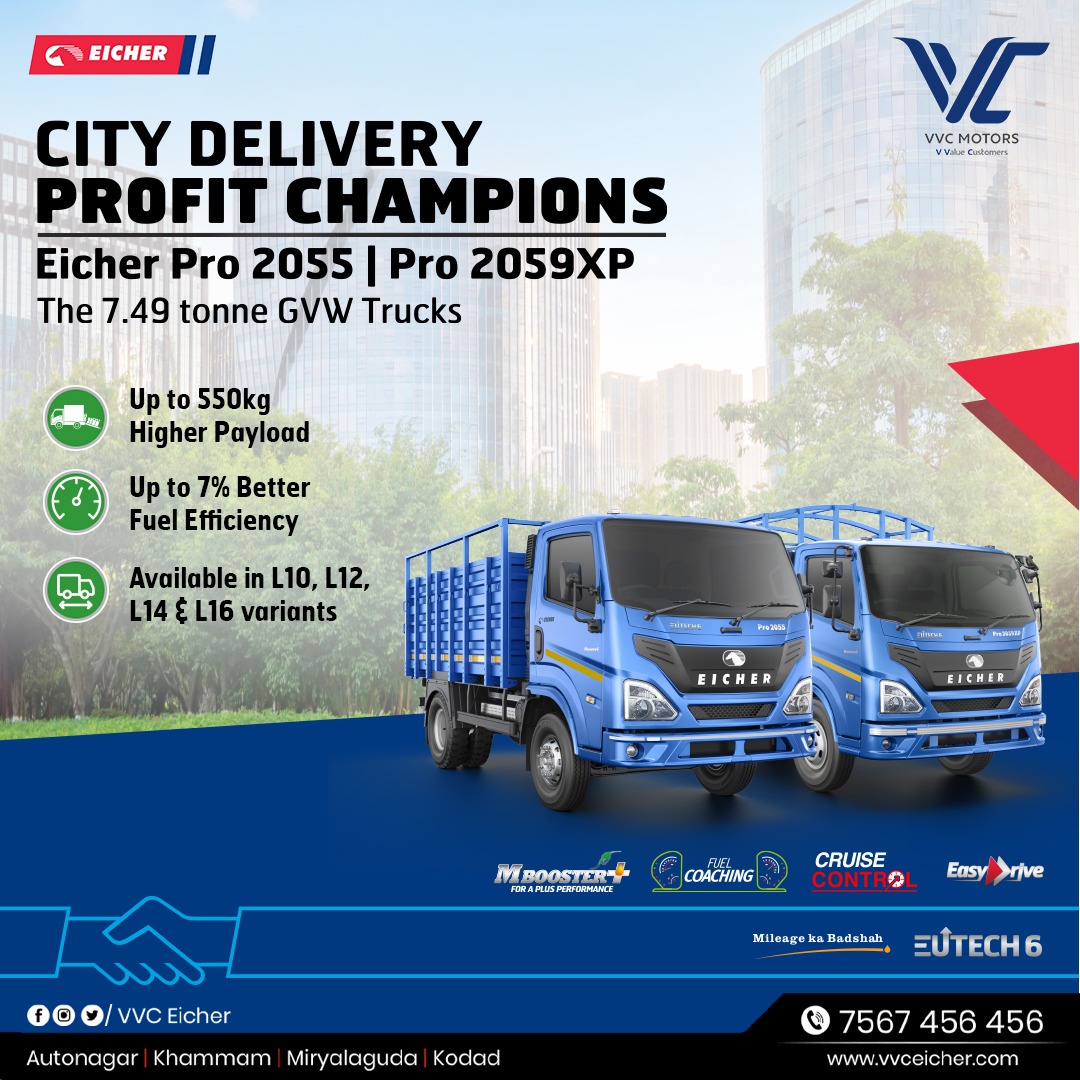 Presenting the City Delivery Profit Champions: #EicherPro2055 & #Pro2059XP. Experience the potential of a higher payload of up to 550kg, enhancing your efficiency and maximising your earnings.

Call us - 7567456456

#reliable #LightDutyTrucks #mediumdutytrucks #terrain #VvcGroup