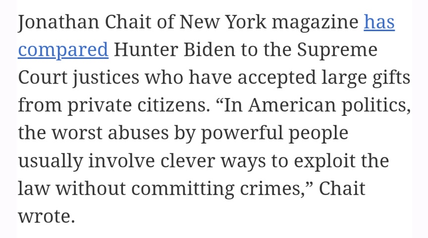 fucking Jonathan Chait. SCOTUS JUSTICES ACCEPTING GIFTS *IS* A CRIME YOU FUCKING HACK, BC THEY DIDN'T DISCLOSE THOSE GIFTS AS LEGALLY REQUIRED AND THEY WERE FROM PEOPLE WHO **HAD CASES BEFORE SCOTUS** YOU MALEVOLENT DUMPSTER GOBLIN