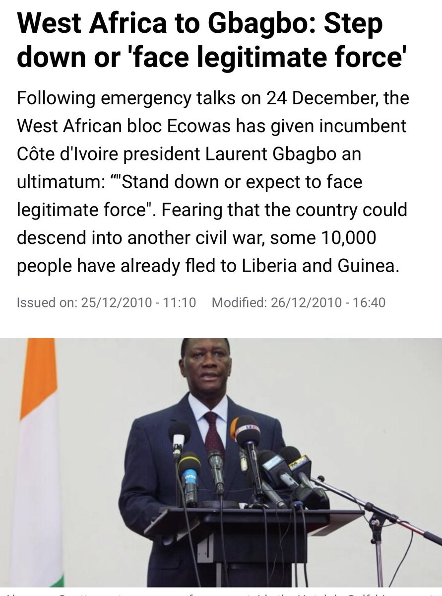 Mario9jaa's tweet photo. 2010: President Laurent Gbagbo loses election, refuses to step down until ECOWAS stepped in USING FORCE. NO WAR. 
Case settled✅

2016: Yahaya Jammeh loses election, refuses to step down until ECOWAS stepped in USING FORCE. NO WAR.
Case settled ✅

2023: Coup in Niger Republic, ECOWAS is stepping in to intervene and there will be NO WAR.

The military intervention in Niger republic becomes important as there is already a resistance by some Nigeriens which might lead to civil disorder.

Nigeria, just like other West African countries cannot watch while things go awful before they intervene.

Do not make that mistake. ECOWAS is doing the right thing and you do not need to be sentimental about it.🥂🥂
