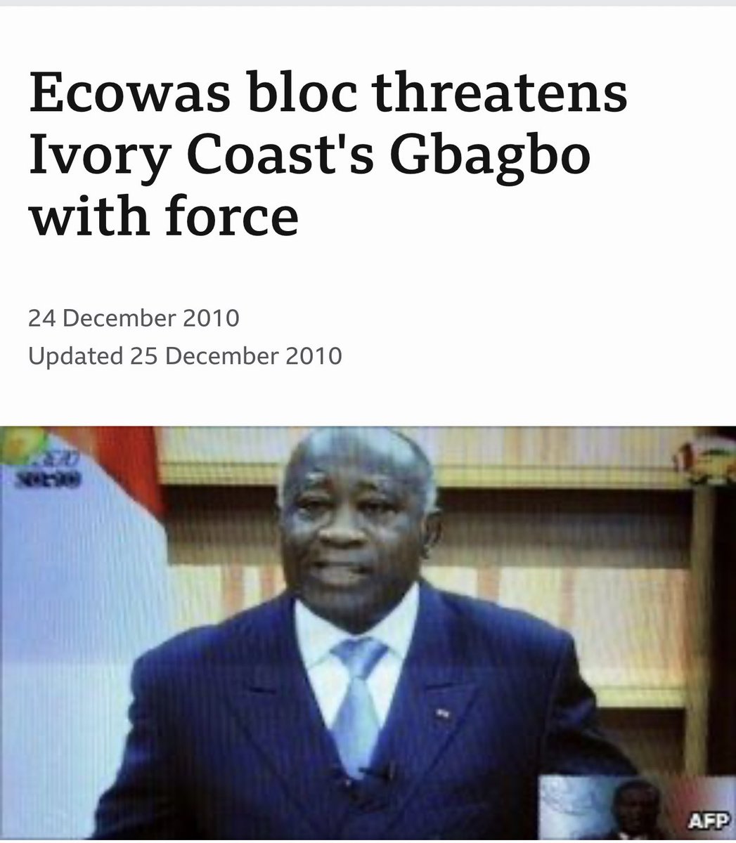 Mario9jaa's tweet photo. 2010: President Laurent Gbagbo loses election, refuses to step down until ECOWAS stepped in USING FORCE. NO WAR. 
Case settled✅

2016: Yahaya Jammeh loses election, refuses to step down until ECOWAS stepped in USING FORCE. NO WAR.
Case settled ✅

2023: Coup in Niger Republic, ECOWAS is stepping in to intervene and there will be NO WAR.

The military intervention in Niger republic becomes important as there is already a resistance by some Nigeriens which might lead to civil disorder.

Nigeria, just like other West African countries cannot watch while things go awful before they intervene.

Do not make that mistake. ECOWAS is doing the right thing and you do not need to be sentimental about it.🥂🥂