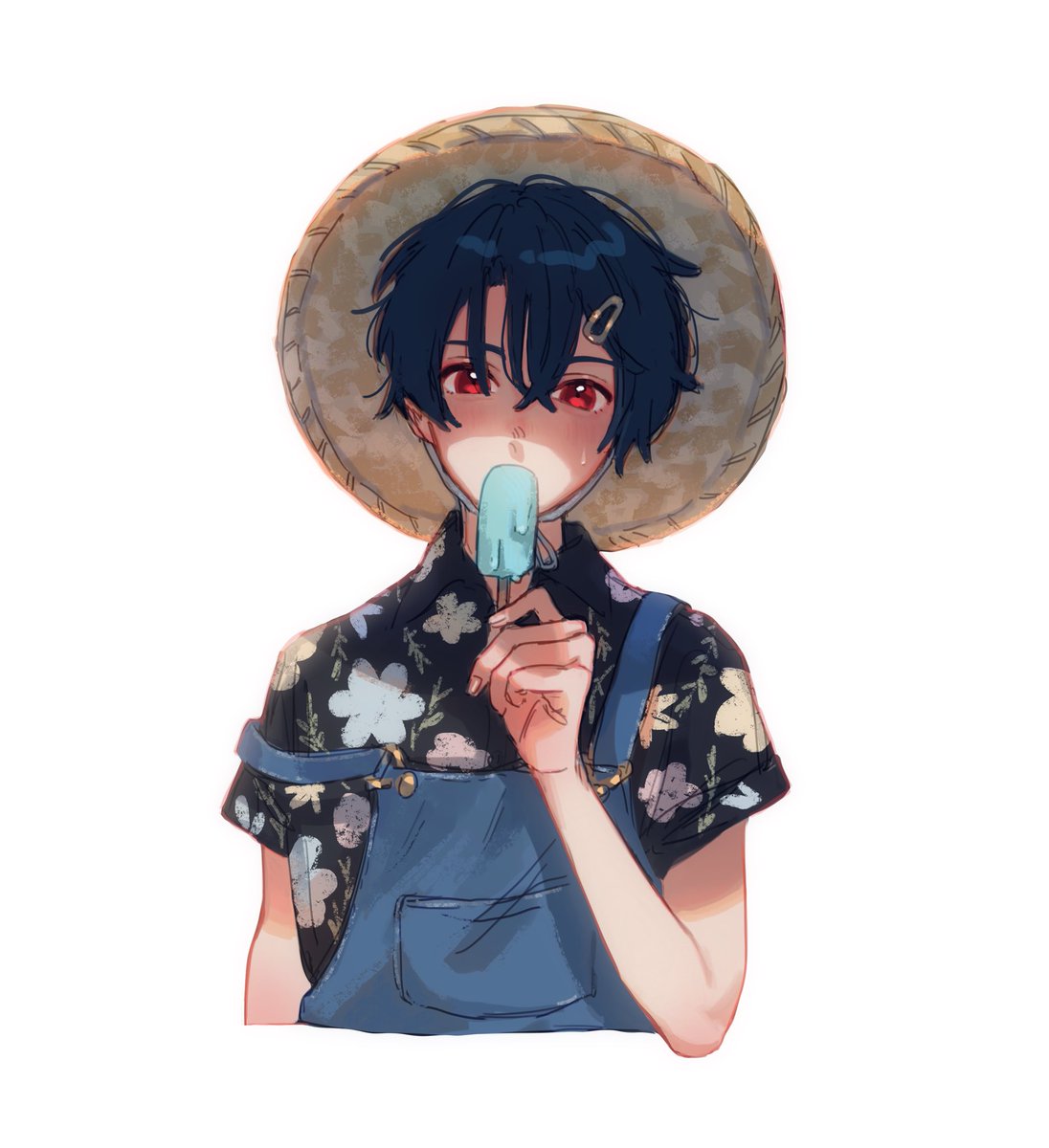 1boy food red eyes male focus solo popsicle overalls  illustration images