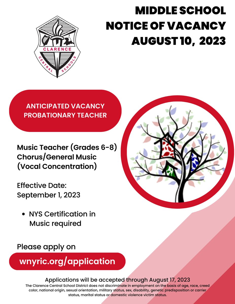CMS is looking for a music teacher! Come work with an incredibly talented music department that makes us #ClarenceProud!