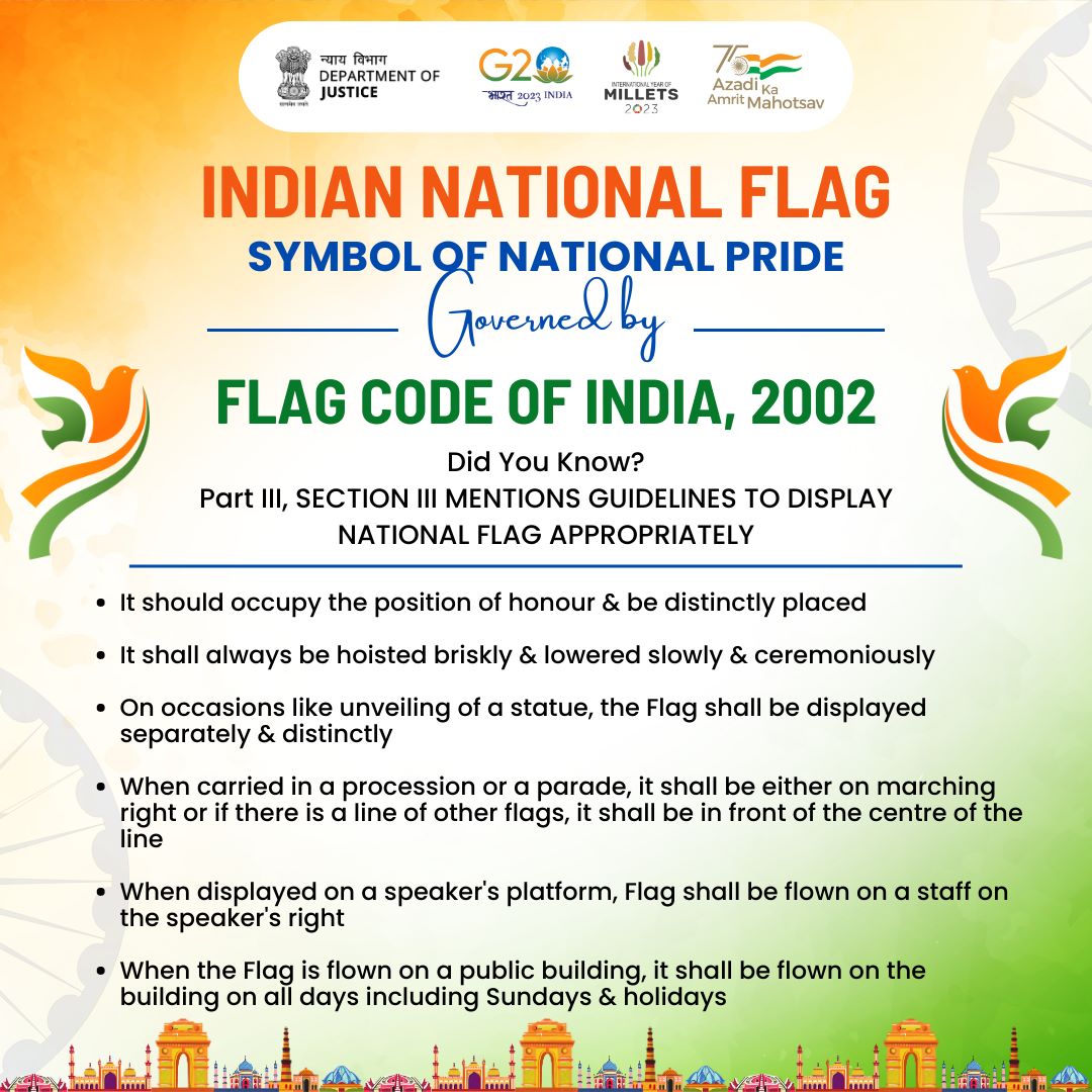 IndEmbDushanbe's tweet image. Embodying our hopes and aspirations, the Indian National Flag stands as a beacon of our national pride. The Flag Code of India 2002 underscores its significance. Let's honor our heritage by upholding the #IndianFlagCode with respect. #HarGharTiranga
@MEAIndia
@MinOfCultureGoI