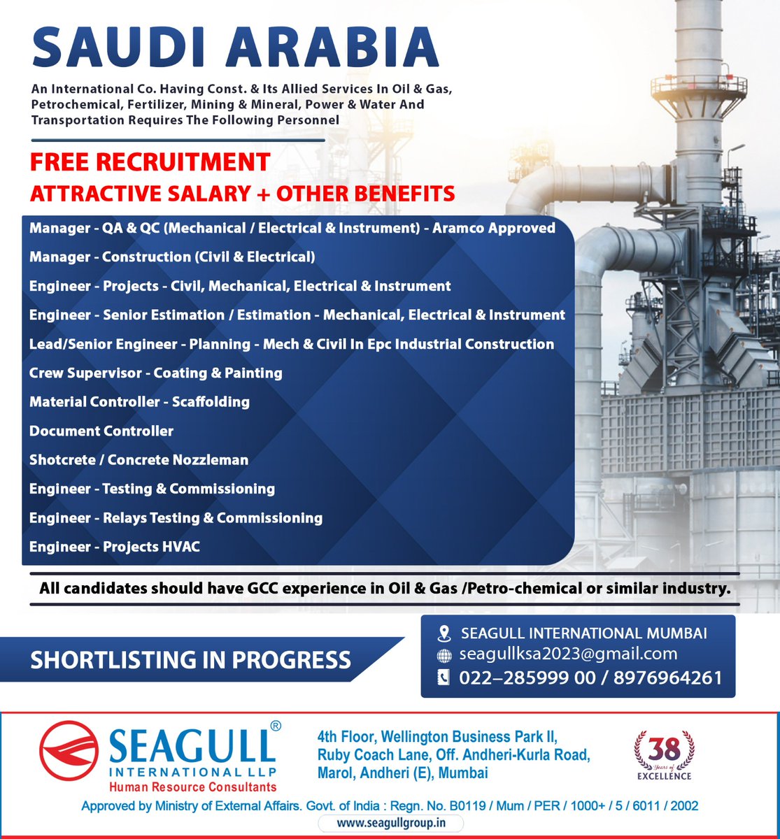 hrd1_seagull's tweet photo. SAUDI ARABIA JOBS
FREE RECRUITMENT
SHORTLISTING IN PROGRESS
.
.
.
#saudiarabiajobs #mumbaijobs #qamanager #qcmanager #electricalengineer #crewsupervisor #materialcontroller #documentcontroller #shotcrete https://t.co/DzYGaJckUK