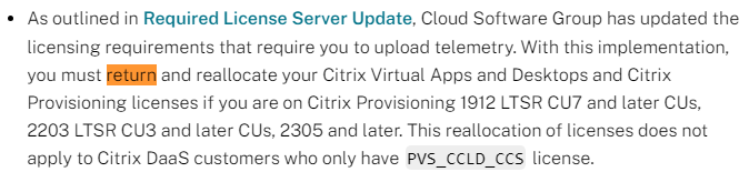 cstalhood's tweet photo. You must return and reallocate your #Citrix Virtual Apps and Desktops and Citrix Provisioning licenses if you are on Citrix Provisioning 1912 LTSR CU7 and later CUs, 2203 LTSR CU3 and later CUs, 2305 and later. https://t.co/Pv8uLy0Lzf https://t.co/NicjrYhdPV