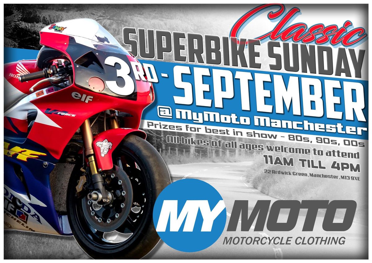 Own a bike from the 80s, 90s or 00s? Yes, then head down to MyMoto Manchester on Sunday 3rd September and have your chance to win a best of show prize!

You don't have to an old bike to come along. It's going to be a great day full of bikes, banter and brews.

#classicsuperbike