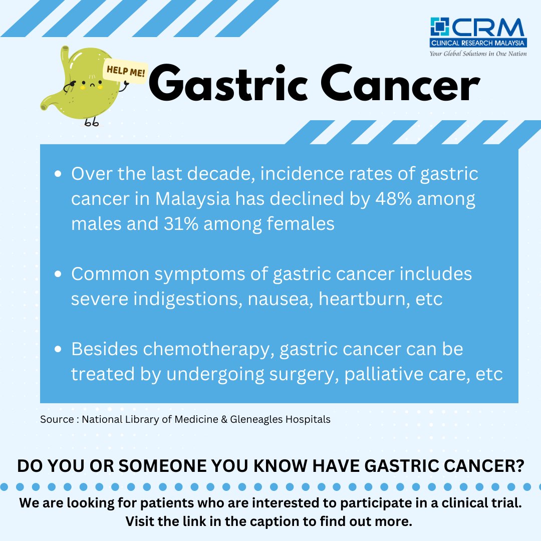 We are looking for patients with Gastric Cancer condition. Visit the link below if you are interested to partake in our clinical trial!

clinicalresearch.my/condition/gast…

#findaclinicaltrial #clinicalresearchmy #gastriccancer