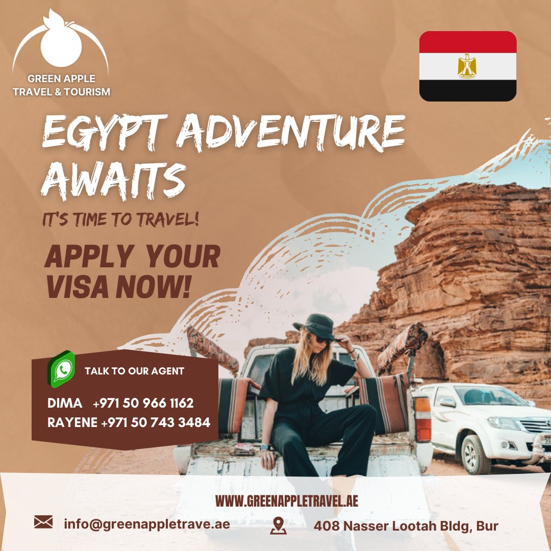 Embark on a Timeless Journey to Egypt with Green Apple Travel & Tourism! 🇪🇬🐪
Ready to uncover the treasures of Egypt? Contact Ruema today:
📞 Call or WhatsApp: +971563634477

Egypt's timeless allure is calling. Will you answer? #EgyptVisa #GreenAppleTravel #TimelessEgypt