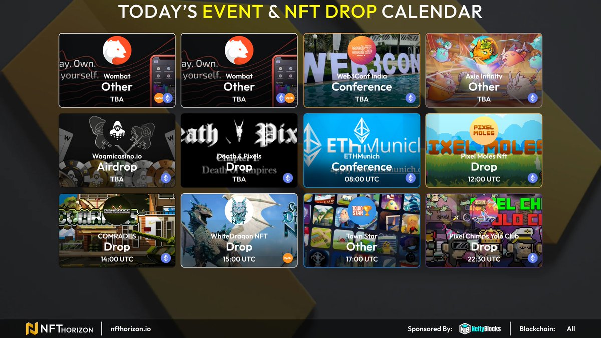 NFT Horizon (@nfthorizon_io) on Twitter photo 📅All Blockchains & Ecosystems Aug 11 Calendar
Upvote💛 your favorite events!
(UTC)
08:00 <a href="/ethmunich/">ETHMunich</a> ETHMunich
12:00 <a href="/PixelMoles_NFT/">Pixel Moles Nft | Minting on 11th August.</a> Mint
14:00 @comrades_nft_ Mint
15:00 @WhiteDragonNFT 1111 Angels Drop Promo #3
17:00 <a href="/TownStarGame/">justinwrites</a> Event: Fin-tastic Salmon Ends
22:30 📅All Blockchains & Ecosystems Aug 11 Calendar
Upvote💛 your favorite events!
(UTC)
08:00 <a href="/ethmunich/">ETHMunich</a> ETHMunich
12:00 <a href="/PixelMoles_NFT/">Pixel Moles Nft | Minting on 11th August.</a> Mint
14:00 @comrades_nft_ Mint
15:00 @WhiteDragonNFT 1111 Angels Drop Promo #3
17:00 <a href="/TownStarGame/">justinwrites</a> Event: Fin-tastic Salmon Ends
22:30