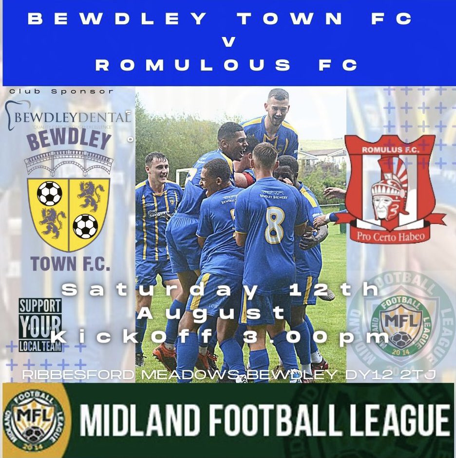 LEAGUE OPENER <a href="/BewdleyTownFC/">Bewdley Town FC</a> get the new <a href="/MidlandLeague/">Capelli Sport Midland Football League</a> season underway on Saturday afternoon when <a href="/Romulus_fc/">Romulus Football Club</a> visit Ribbesford Meadows. Kick Off 3.00pm. After a great FA Cup crowd last weekend, Gaffer Andy Shaw and the lads hope supporters will be back to cheer them on 💙💛