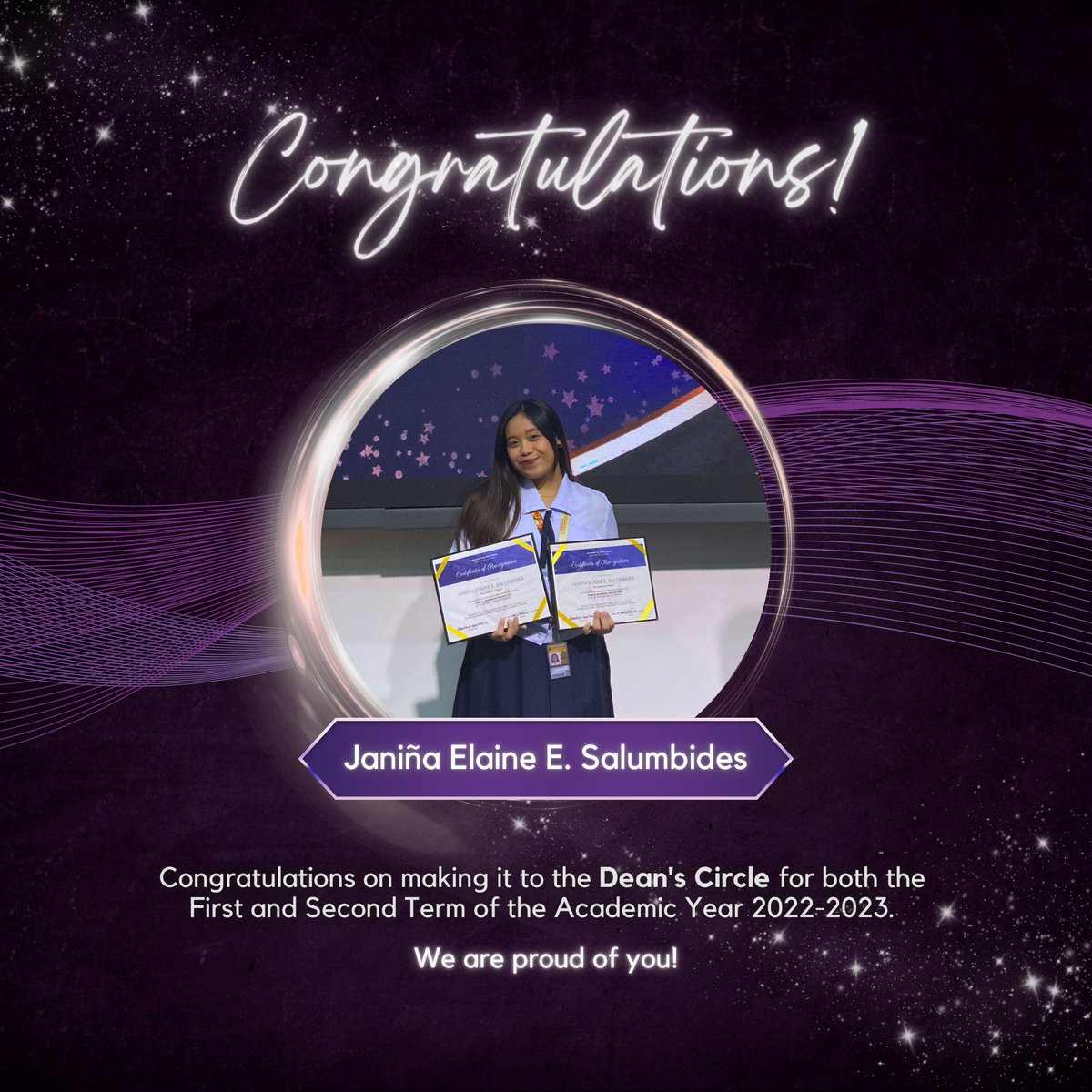2025BES1's tweet photo. Congratulations Janiña Elaine Salumbides (@enyemwah) for making it to the Dean's Circle for the Academic Year 2022-2023! Your hard work and dedication are truly inspiring.

Keep slaying, Queen! 💅👑✨ - 2025BES1 https://t.co/dLaCM085TR