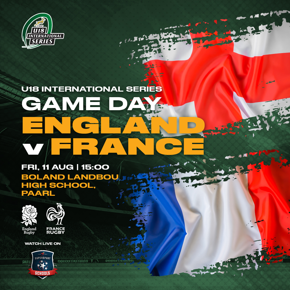 The U18 International Series kicks off this afternoon when England and France clash at Boland Landbou from 15h00 - stream the game live here: tinyurl.com/mpe55f4z 💥