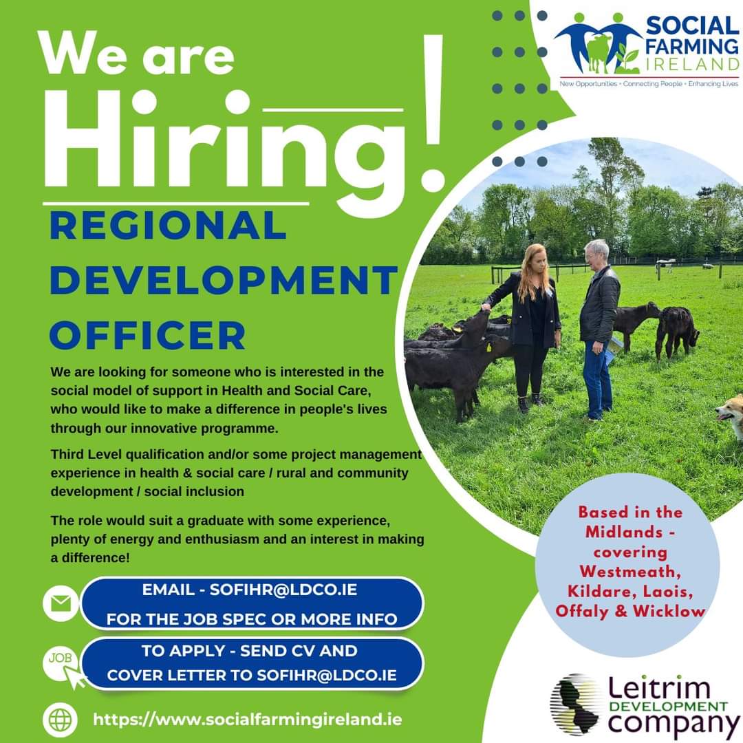 We a looking for a graduate willing to work hard &amp; learn on the job as #Socialfarming Regional Development Officer in the midlands in a divers role across rural development social inclusion health &amp; social care based in the midlands working with farmers, advocates &amp; participants