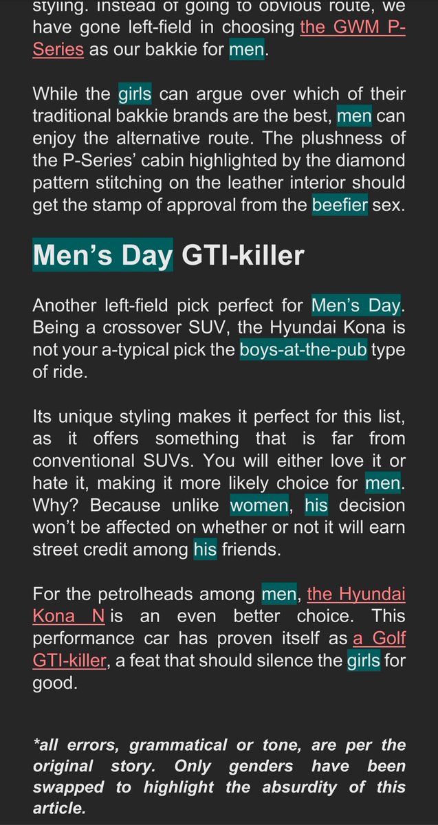 AutoPrincessZA's tweet image. This piece appeared on The Citizen, on Women's Day. I've swapped the genders to highlight the absurdity of this article if it was written by a woman for men. 
"Do better" is not an option in 2023, I'm calling you out @TheCitizen_News .

Original post: citizen.co.za/motoring/five-…